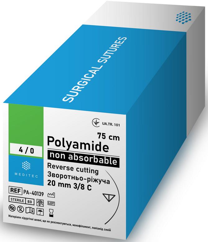 "Поліамід, USP3/0(М2) , синій, 75см, голка ріжуча, 26 мм, 1/2кола, PA-30318е"